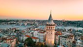 Aerial view of Galata Tower sunset, Aerialview of Galata Tower and Unplanned Urbanization in Istanbul,Galata tower in istanbul, shooting with drone tele lens, istanbul backgrounds