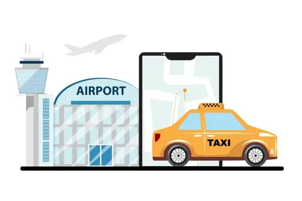 Vector illustration of Flat illustration of a taxi next to the big cellphone and airport building on the background.