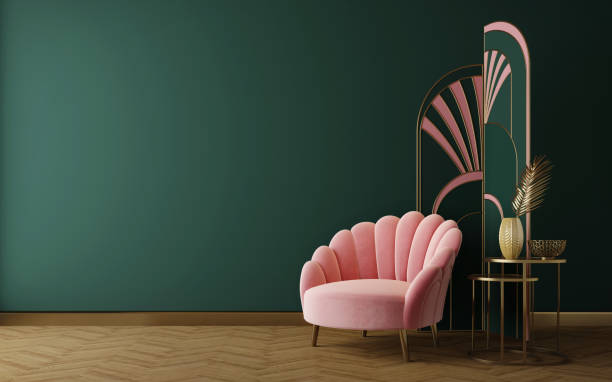 Art Deco interior in classic style with pink sofa and screen.3d rendering