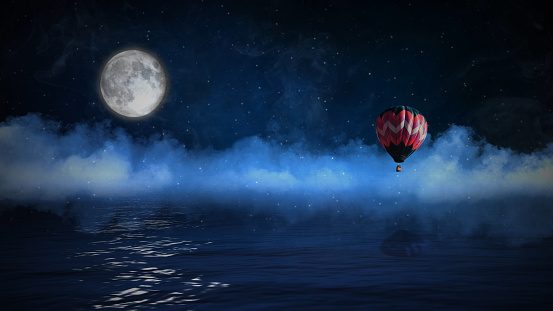 Hot Air Balloon Over Water with Full Moon features an ocean or lake with rolling clouds, a full moon, and a hot air balloon floating above the water.