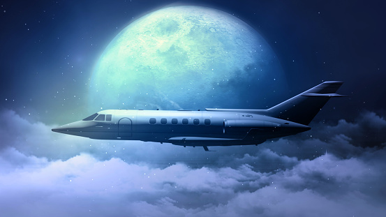 Jet Plane Flying Across the Moon features a jet flying above the clouds in front of a full moon