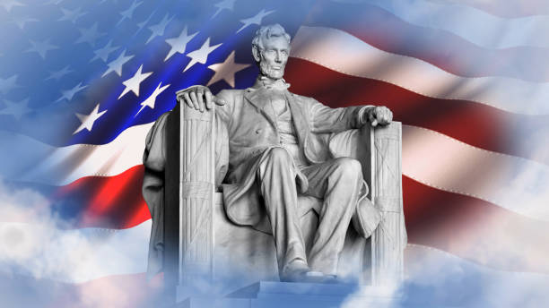 Lincoln Memorial with Flag and Clouds Lincoln Memorial with Flag and Clouds features the Lincoln Memorial with a waving American flag in the background and clouds around the edges washington dc slavery the mall lincoln memorial stock pictures, royalty-free photos & images