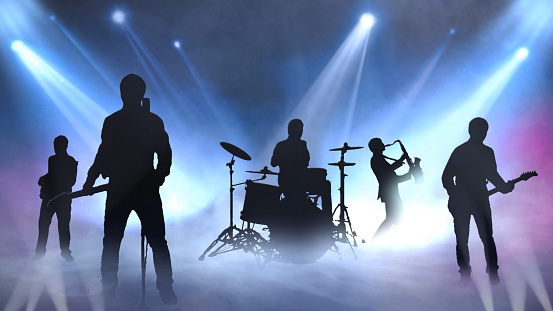 Rocking to the Beat Silhouettes on Stage features silhouettes of musicians on stage with rolling fog and flashing lights.