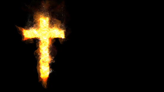 Burning Cross on Black Background features a cross symbol flaming against a black background and sparks and smoke blowing across the scene.