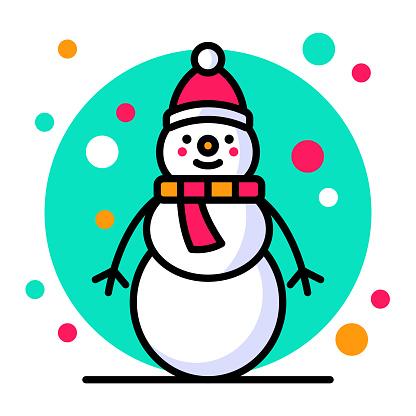 Vector illustration of a snowman against a green background in flat style.
