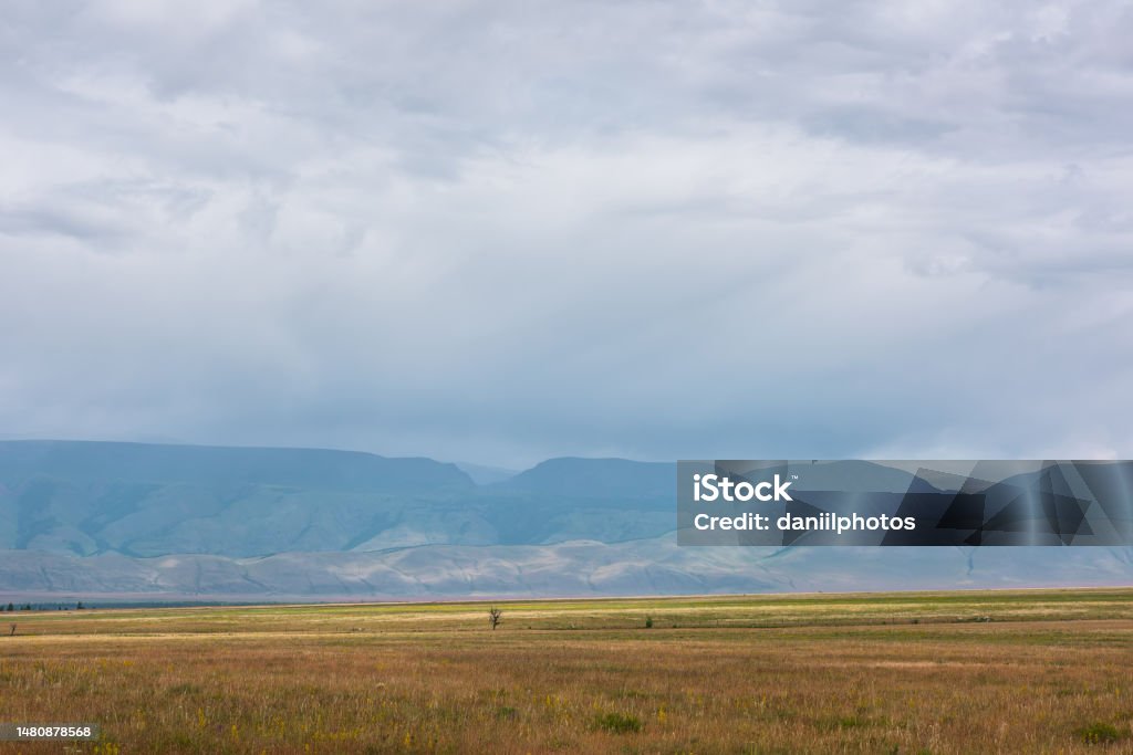 Alpine Biome Raining Dramatic Alpine View To Sunlit Steppe And Somber Large Mountains In Low ...
