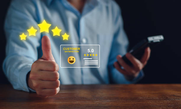 Customer service and Satisfaction ,business man giving Feedback satisfaction. five stars Positive Review. Client Satisfaction Surveys, good, five stars, best product and service. Excellence guarantee.