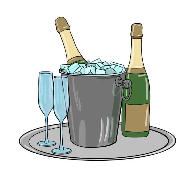 Vector illustration of Champagne Glass and Bottle in Bucket. Two Glass of Champagne. Colour