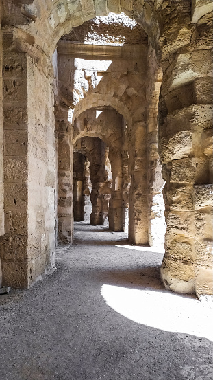 Interior of Amphitheatre of El Jem in Tunisia. Amphitheatre is in the modern-day city of El Djem