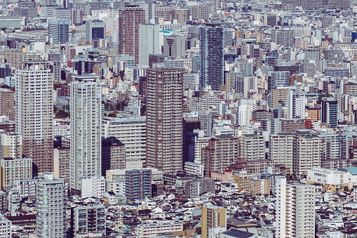 View from top of the Yokohama Landmark Tower, height 296.3 mt, of the city of Yokohama, the capital city and the most populous city in Kanagawa Prefecture, with a 2020 population of 3.8 million. It lies on Tokyo Bay, and is a commercial hub of the Greater Tokyo Area.