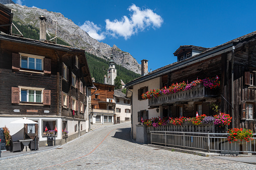 View of Splugen, a picturesque alpine village in Canton Grisons during summer season, Switzerland