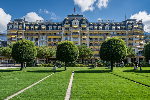 Luxury hotel Montreux Palace located on the shore of Lake Geneva. Montreux, Switzerland, Aug. 2022