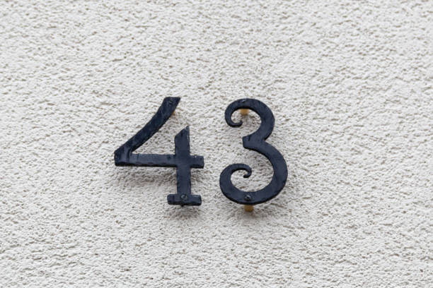 istock 43 decorative number plaques on white rendered cement house facade. 1480895566