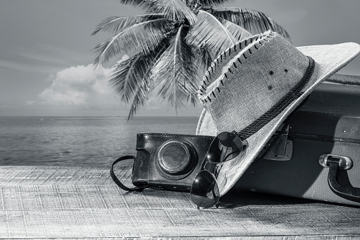 Suitcase, sun hat, photo camera and sunglasses with sea water, coconut palm tree and sky background on sunny summer day in tropical beach, copy space. Vacation and travel concept. Black and white