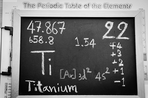 Titanium and symbol structural formula chemical on the blackboard, Chemistry in the classroom