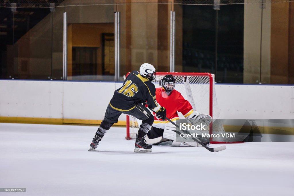Ice hockey, sport and fitness, athlete in arena playing game, professional player goes for goal, active and sports motivation in Canada ice rink. Exercise, hockey match and competition with training. Ice Hockey Stock Photo