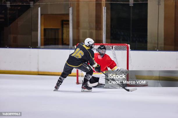 Ice Hockey Sport And Fitness Athlete In Arena Playing Game Professional Player Goes For Goal Active And Sports Motivation In Canada Ice Rink Exercise Hockey Match And Competition With Training Stock Photo - Download Image Now