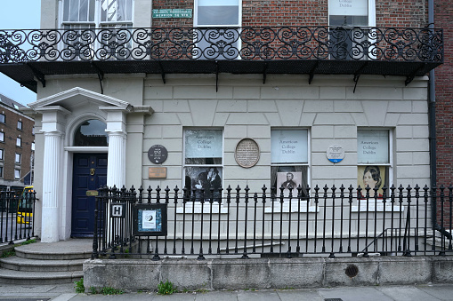 Dublin, Ireland - March 2023:  The house where Oscar Wilde lived while growing up, on Merrion Square Park in Dublin