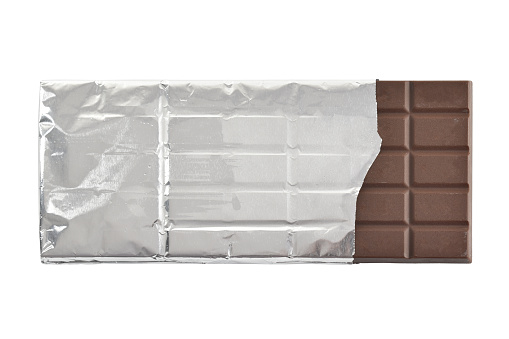 Chocolate Bar in Silver Foil isolated on white background.