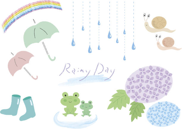 ilustraciones, imágenes clip art, dibujos animados e iconos de stock de conjunto de motivos de temporada de lluvias - rainbow umbrella descriptive color multi colored