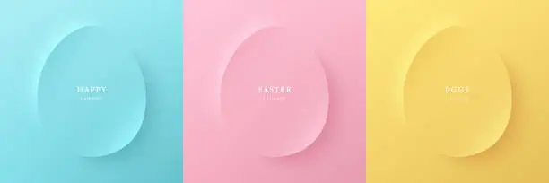 Vector illustration of Set of blue, pink and yellow 3D eggs shape frames design. Elements for happy easter day festival design. Collection of geometric oval for product display or text space. Top view. Vector illustration