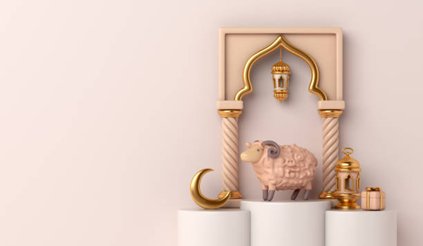 istock Eid al adha islamic decoration background with goat sheep, arabic lantern, mosque gate, ramadan kareem, mawlid, iftar, eid al fitr, muharram, copy space text area, 3D illustration. 1480907579