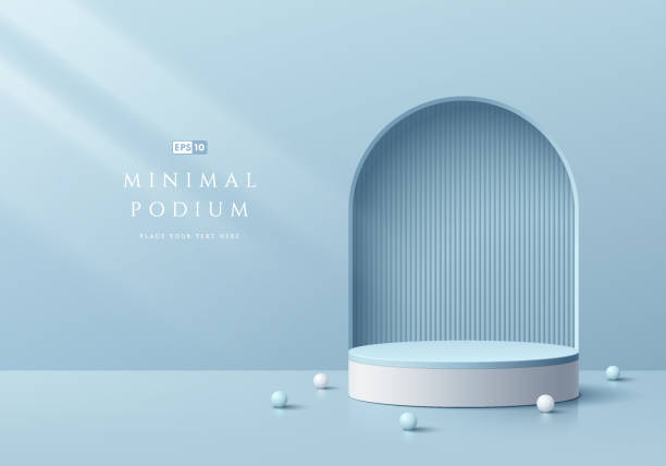 istock 3D background with realistic white, blue cylinder podium. Vertical lines in arch gate wall scene. Pastel minimal mockup product display. Abstract geometric platforms. Stage showcase. 3D vector render. 1480908078