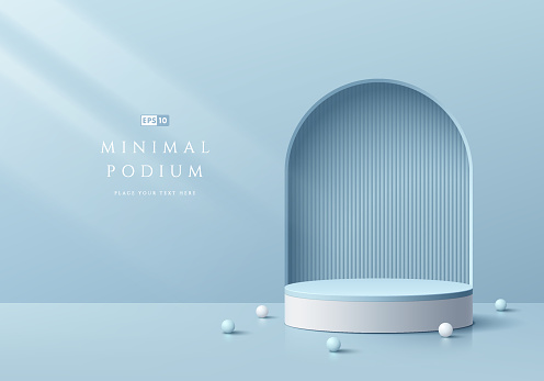 3D background with realistic white, blue cylinder podium. Vertical lines in arch gate wall scene. Pastel minimal mockup product display. Abstract geometric platforms. Stage showcase. 3D vector render.