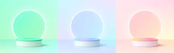 Vector illustration of Set of 3D background with yellow, blue green, pink and white realistic cylinder podium, Glow rings neon wall scene. Minimal mockup empty product display. Abstract vector 3D rendering. Stage showcase.
