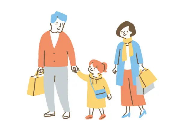 Vector illustration of Family of 3 on the way home from shopping _ color