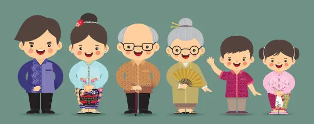 Vector illustration of Nyonya culture, cartoon family wearing peranakan clothing and batik shirt