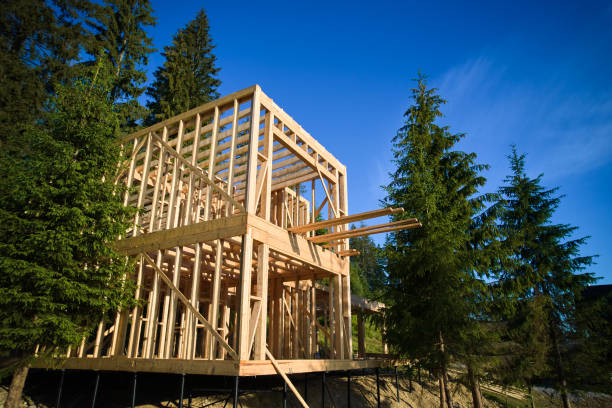 istock Wooden frame house under construction near forest. 1480912169