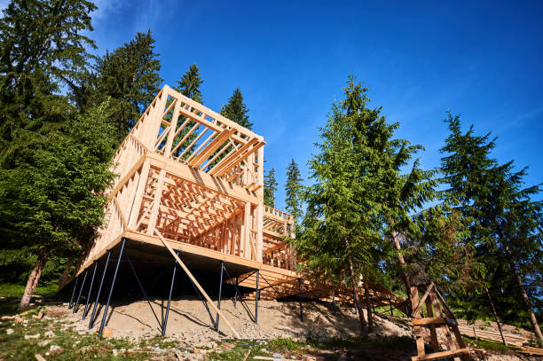 istock Wooden frame house under construction near forest. 1480912223