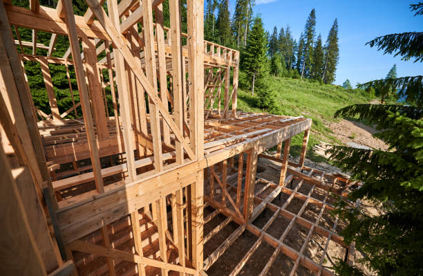 istock Wooden frame house under construction near forest. 1480912225