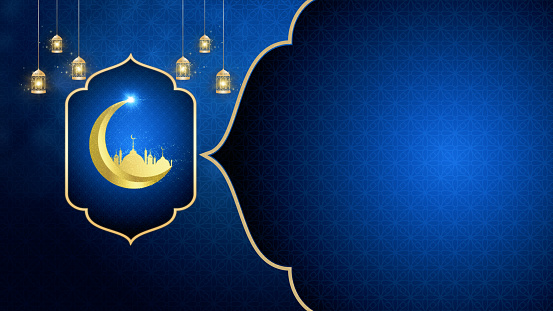 Blue and gold color Eid mubarak islamic design concept with hanging ramadan candle lantern, Ramadan Kareem background, 3d rendering
