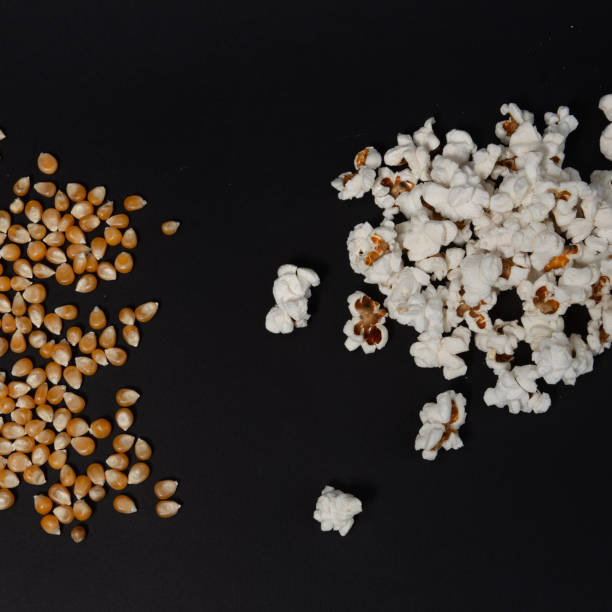 duas pilhas de pipoca, uma pilha de pipoca pronta, outra com grãos de milho, pipoca sobre fundo preto. - popcorn black dietary fiber refreshment - fotografias e filmes do acervo