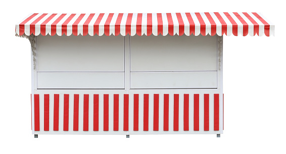 This is an closed long market stall stand with red white awning.