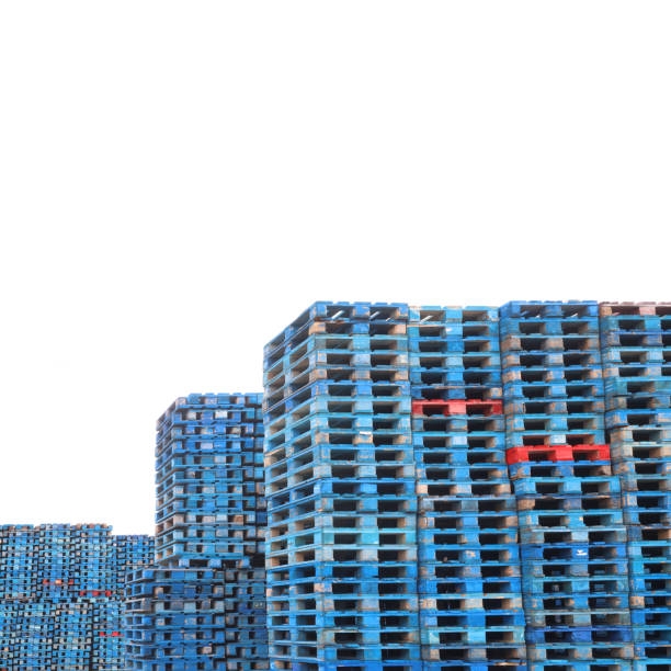 Here are many blue wooden pallets isolated on white background.