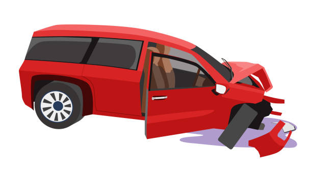 illustrazioni stock, clip art, cartoni animati e icone di tendenza di l'auto rossa di famiglia è stata gravemente danneggiata. - ammaccato