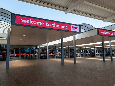 Birmingham. UK-04.26.2022. Exterior view of the main entrance to the National Exhibition Centre building in Solihull.