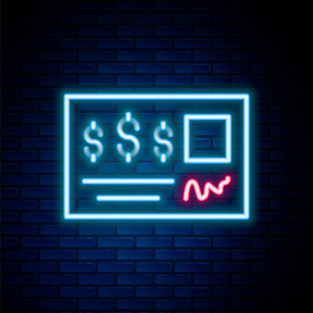istock Glowing neon line Blank template of the bank check and pen icon isolated on brick wall background. Checkbook cheque page with empty fields to fill. Colorful outline concept. Vector 1480922801
