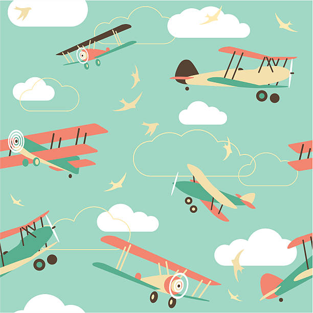 illustrations, cliparts, dessins animés et icônes de vintage fond sans couture d'avions - airplane biplane retro revival old fashioned