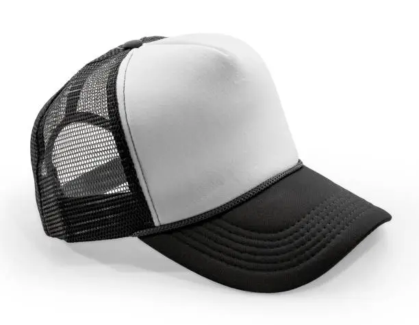 Photo of Side View Realistic Cap Mock Up In black khaki texture is a high resolution hat mockup to help you present your designs or brand logo beautifully. Dark