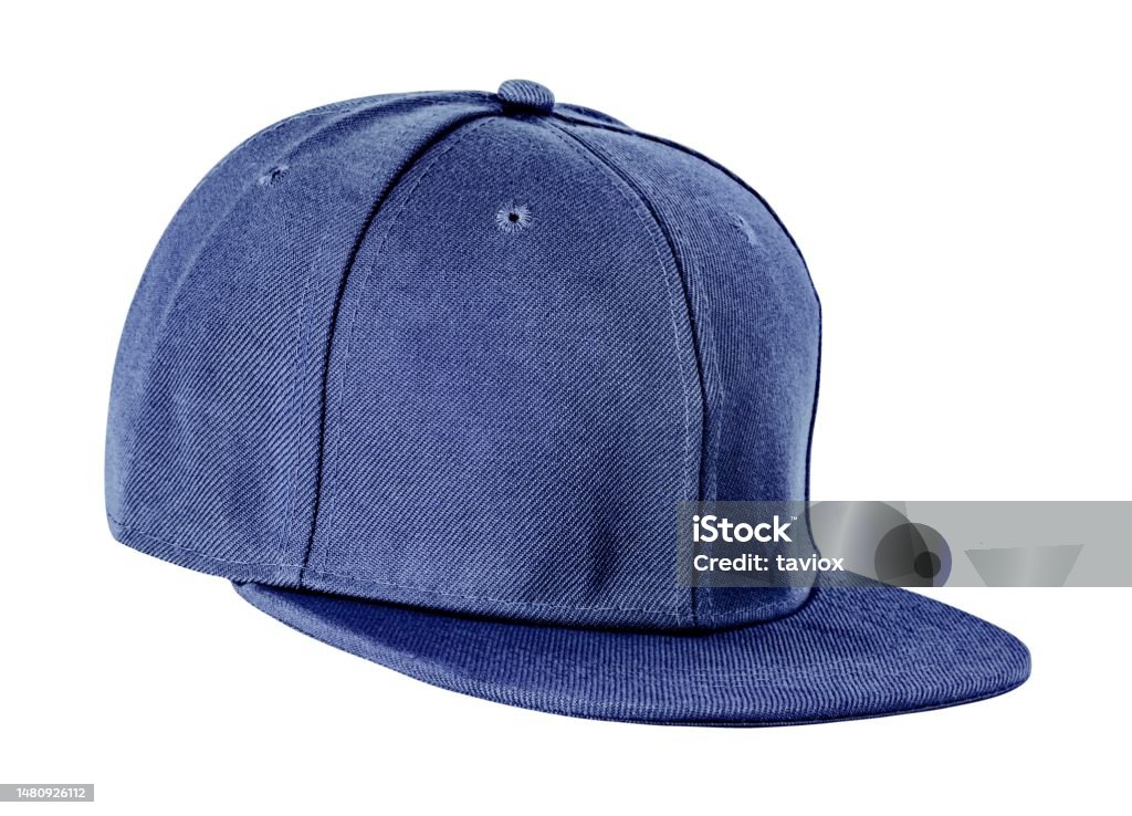 Closeup of the fashion denim cap isolated. Flat brim cap. Snapback. Denim flat visor cap. Fabric. Customizable sports cap. Hat. Cotton Hat Stock Photo