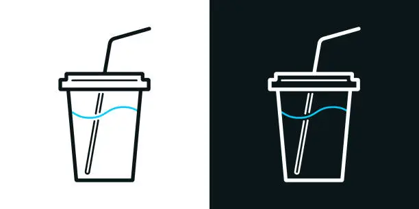 Vector illustration of Cup with straw. Bicolor line icon on black or white background - Editable stroke