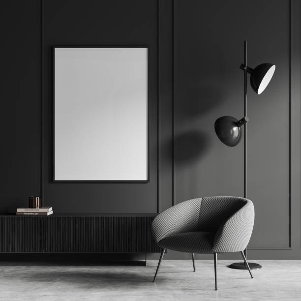 istock Grey relax room interior with armchair and drawer with decoration, mockup frame 1480926662