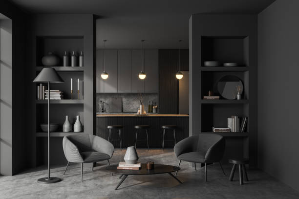 istock Gray kitchen and living room interior 1480927278