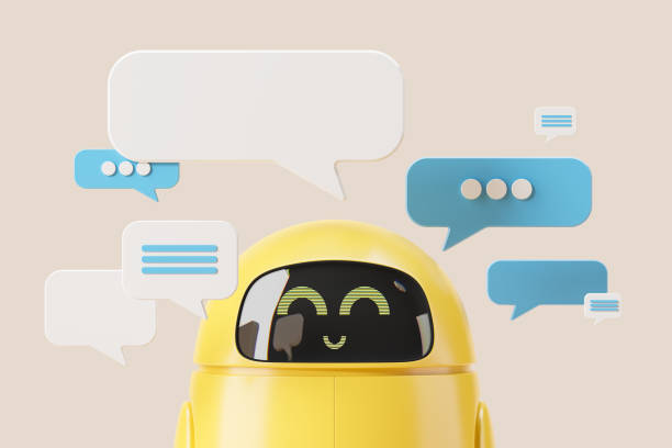 3d rendering. Smiling robot with mock up texts bubbles and messages stock photo