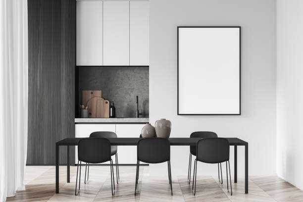 istock White and wooden kitchen with long dining table and poster 1480927458