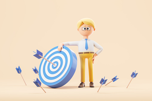 Businessman with blond hair and glasses standing near blue and white target with arrows around it and with it over yellow background. Concept of business goal achievement. 3d rendering